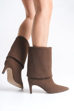 Kahverengi Premium Cift Kullan?ml? Kemer Detayl? Suet Kad?n 6,5 cm Topuklu Bot&Cizme TAKAW26BO00092