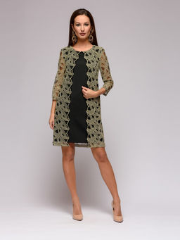 Платье черное длины мини с золотой вышивкой и рукавами 3/4 - 1001dress фото 3