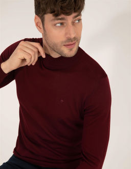 Bordo Slim Fit Yar_m Bal_k__ Yaka Y_n Kar___ml_ Basic Triko Kazak