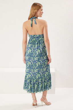 TRENDYOLMILLA Mavi Etnik Bask?l? V Yaka Etegi F?rfl?rl? Buzgulu Fitilli Esnek Maxi Orme Elbise TWOSS25EL00093 фото 6