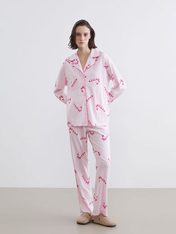 G?mlek Yaka Bask?l? Kad?n Pijama Tak?m?