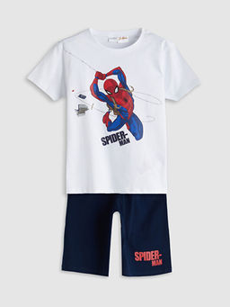 Bisiklet Yaka Spider-Man Bask?l? Erkek ?ocuk ?ortlu Pijama Tak?m?