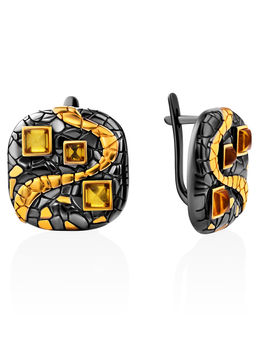 Чернёные серьги Донателла с натуральным янтарём золотистого цвета