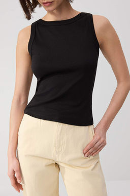 Wardrobe Essentials-Siyah Fitted/Vucuda Oturan Kolsuz Pamuk Ribana Orme Atlet TWOSS26AL00043 - Trendyolmilla фото 3