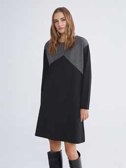 Bisiklet Yaka Renk Bloklu Elbise