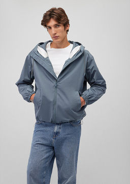 Kapusonlu Gri Ince Ceket - Mavi фото 2