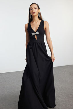 Siyah Fiyonk Detayl? Dokuma S?k Uzun Abiye & Mezuniyet Elbise TPRAW25AE00009