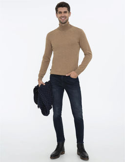 Camel Melanj Slim Fit Bal_k__ Yaka Basic Triko Kazak