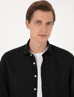 Siyah %100 Keten Regular Fit Uzunkollu G_mlek