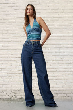Indigo Boyundan Baglamal? Vucuda Oturan Esnek Crop Orme Bluz TWOSS24BZ00061