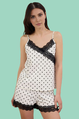 Trendyolmilla Ekru %100 Pamuklu Puantiyeli Dantel Detayl? Sortlu Orme Pijama Tak?m? THMSS25PT00146  фото 7