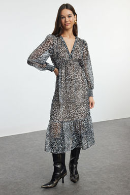 TRENDYOLMILLA Siyah Belden Ac?lan Astarl? Midi Sifon Dokuma Elbise TWOAW24EL00710  фото 13