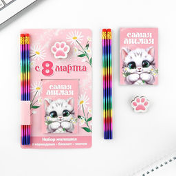Цена за 2 шт. Подарочный набор: блокнот, карандаши (2 шт.) и значок 8 марта: Самая милая