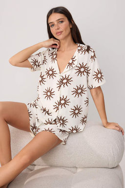 Ekru-Kahverengi G_ne_ Desenli Viskon Dokuma Pijama Tak_m_ THMSS26PT00183