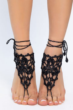 Барефуты Вязанные украшения на ноги (черный/серебро) БФ06