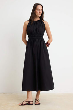 Siyah Beli Lastikli Midi Dokuma Elbise TWOSS26EL00887
