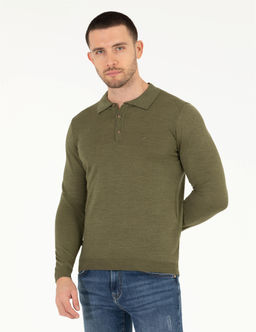 A__k Ye_il Slim Fit Polo Yaka Y_n Kar___ml_ Basic Triko Kazak