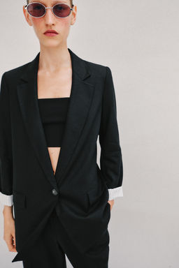 BLAZER CON LINO MANGA REMANGADA / Negro - Zara фото 3