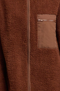 Winter Essentials Kahverengi Kal?n Polar Fermuarl? Dik Yaka Cepli Orme Sweatshirt TWOAW24SW00071