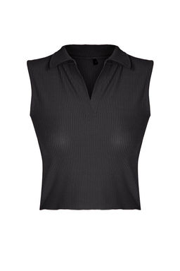 Antrasit Fitted/Vucuda Oturan Polo Yaka Crop Esnek Orme Bluz TWOSS22BZ0335