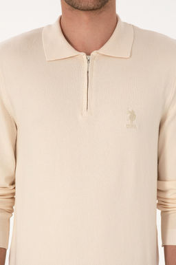 Erkek Slim Fit Yar_m Fermuarl_ Polo Yaka Krem Kazak