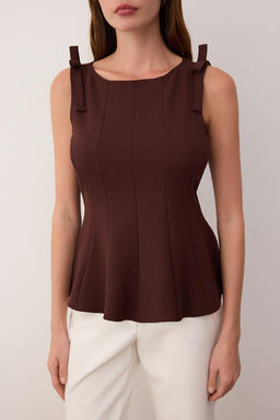 Kahverengi S?f?r Kol Peplum Belden Oturmal? Omuz Fiyonk Detayl? Orme Bluz TWOSS25BZ00482