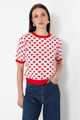 K?rm?z? Bisiklet Yaka Kalp Desenli Ince Triko Bluz TWOSS21KZ0008 - Trendyolmilla фото 3