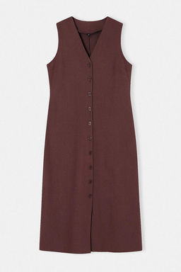 Kahverengi Duz Dugmeli Midi Dokuma Elbise TWOSS25EL00651