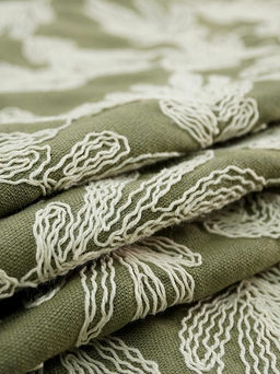 Полулен вышитый рисунок Дубовые листочки цв.хаки, ш.1.35м(выш.часть1.2м), хл-50%, лен-50% - Купава фото 10