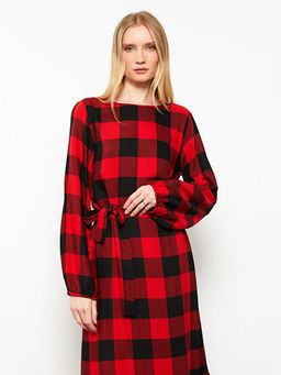 Bisiklet Yaka Ekose Uzun Kollu Gabardin Kad?n G?mlek Elbise