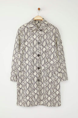 Cok Renkli Y?lan Desenli Suni Deri Mono Kapama Oversize Uzun Trenckot TWOAW26TR00003
