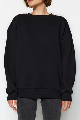 Siyah Oversize/Bol Kesim Bisiklet Yaka Kal?n/Ici polarl? Orme Sweatshirt TWOAW24SW00102