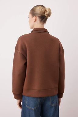 Kahverengi Fermuarl? Polo Yaka Oversize Kal?n Ici Polarl? Orme Sweatshirt TWOAW26SW00120 - Trendyolmilla фото 4