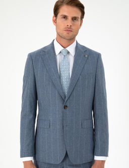Koyu Mavi Slim Fit _izgili Y_n Ka_mir Kar___ml_ Tak_m Elbise