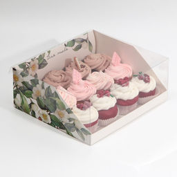 Цена за 5 шт. Коробка кондитерская с PVC-крышкой, упаковка, «Цветы», 25 х 22,5 х 10 см