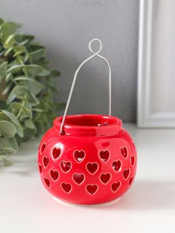 Подсвечник керамика 1 свеча "Фонарик с сердцами" красный 8х8х6,7 см