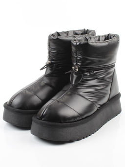 04-WA003-1M BLACK Ботинки зимние женские (натуральная кожа, курточная ткань, 100% шерсть)