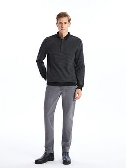 Polo Yaka Uzun Kollu ?izgili Erkek Sweatshirt
