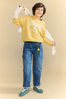 %100 Pamuk Oversize Geni_ Kal_p Bask_l_ Sweatshirt Erkek _ocuk - Defacto фото 2
