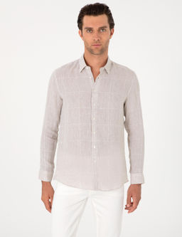 Bej Regular Fit Kareli %100 Keten G_mlek