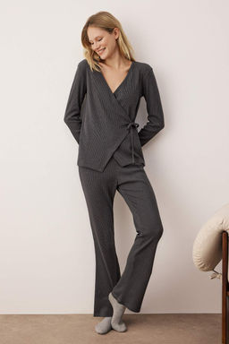 Gri Melanj Baglama Detayl? Kruvaze Yaka Fitilli Orme Pijama Tak?m? THMAW26PT00003 - Trendyolmilla фото 7