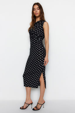 Siyah Bask?l? Fitted/Vucuda Oturan Tek Omuz Asimetrik Buzgu Detayl? Orme Kalem Elbise TWOSS23EL02182