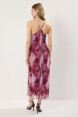 Bordo Soyut Desenli A Kesim Sifon Ucus Ucus Dokuma Maxi Elbise TWOSS25EL00437