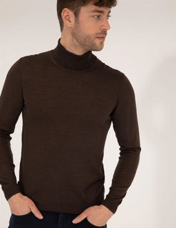 Kahverengi Slim Fit Bal_k__ Yaka Y_n Kar___ml_ Basic Triko Kazak
