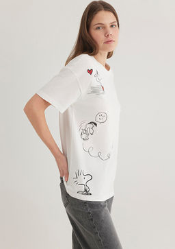 Snoopy Bask?l? Ekru Tisort - Mavi фото 3