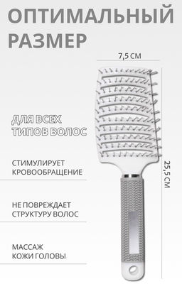 Расчёска массажная, с магнитом, прорезиненная ручка, 7.5×25.5 (±1) см, серая
