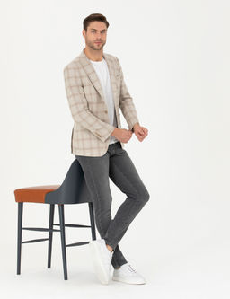 Bej Slim Fit Keten Kar___ml_ Ekose Ceket