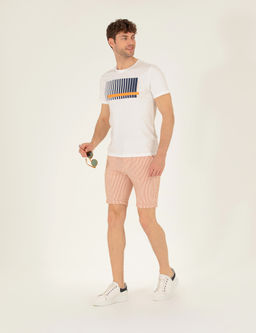 Turuncu Slim Fit Beli Lastikli _izgili Ba_c_kl_ Bermuda _ort