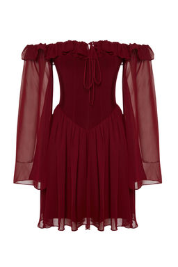 TRENDYOLMILLA Bridal Ekru A-Kesim Astarl? Volanl? Dokuma Sifon K?sa Dugun/Nikah S?k Abiye Elbise TPRSS23EL00096 фото 40