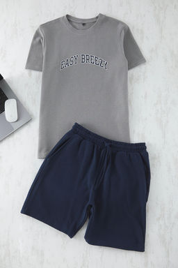 TRENDYOL MAN Gri Regular Fit Slogan Bask?l? Waffle Orme Sortlu Pijama Tak?m? TMNSS25PT00008 - Trendyolmilla фото 2